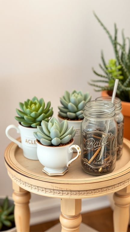 Succulent arrangements in unusual containers including teacups and a mason jar