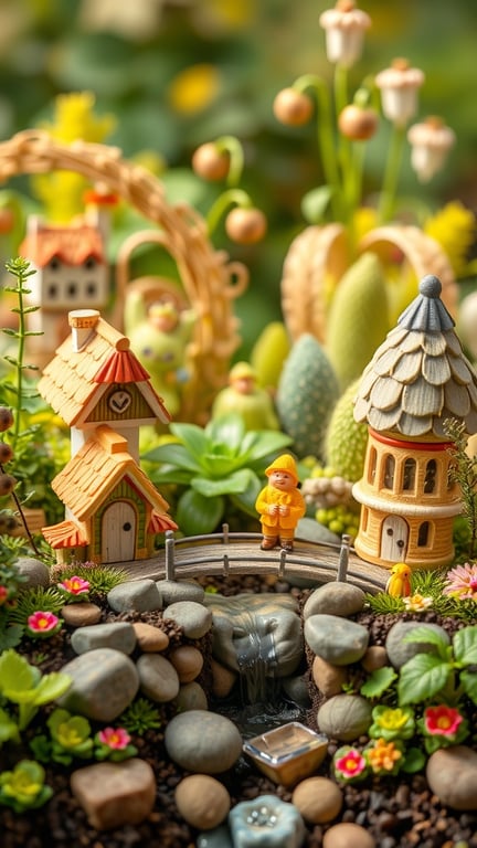 A whimsical fairy garden featuring miniature houses, a bridge, and a small waterfall surrounded by colorful flowers and greenery.