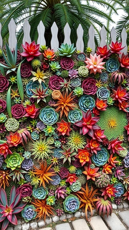 A colorful succulent wall fence featuring various types of succulents arranged beautifully.