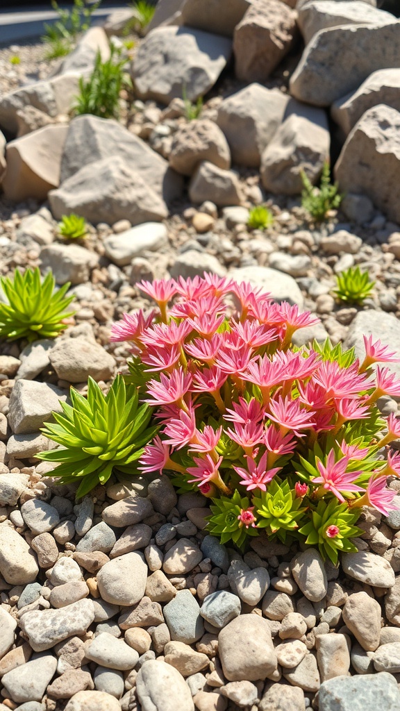 A cluster of hens and chicks succulents with pink flowers surrounded by pebbles.