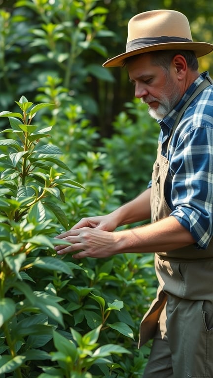 A gardener watering shade plants in a lush garden setting.