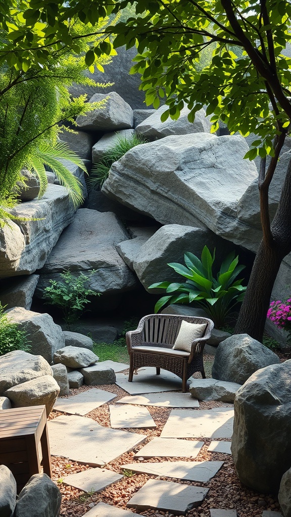 Outdoor seating area with large rocks and greenery