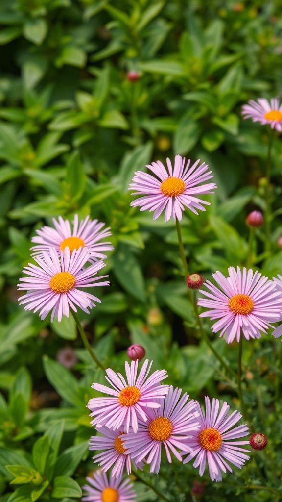 Close-up of pink aster flowers with yellow centers against green foliage