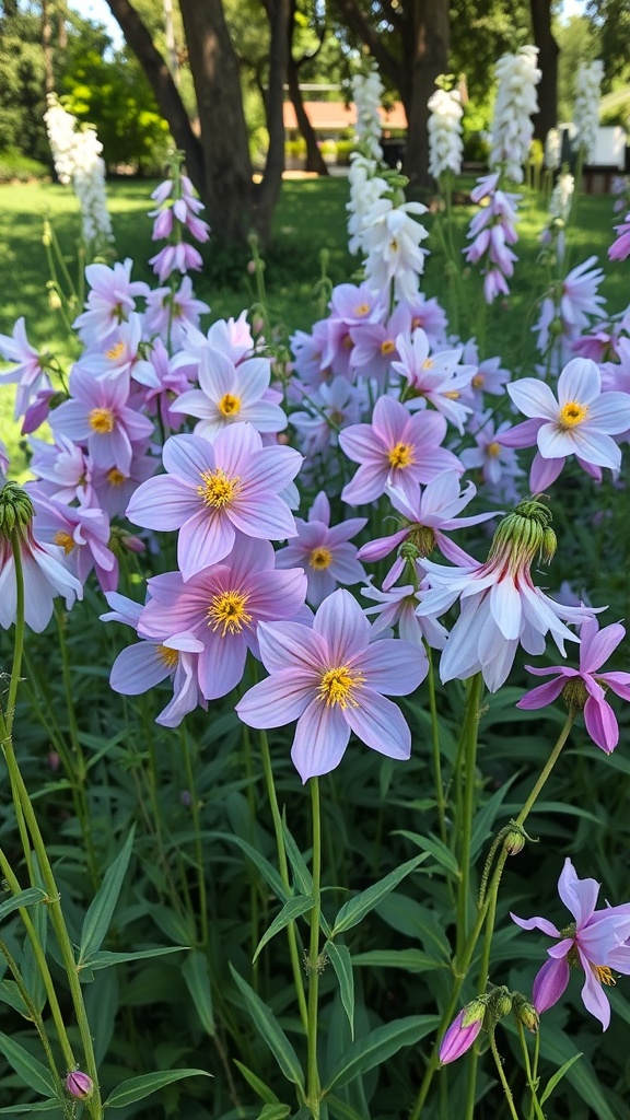 A cluster of pink columbine flowers in a garden setting.