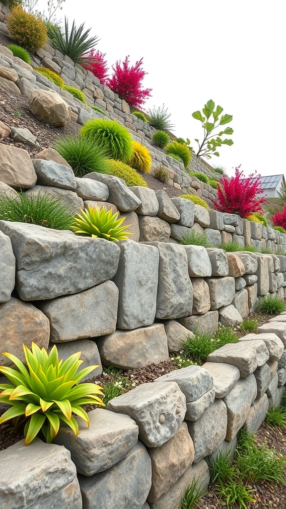 A tiered retaining wall made of large stones, adorned with colorful plants.