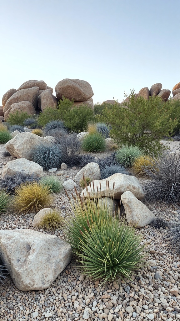 A xeriscaped area featuring large rocks and drought-resistant plants.