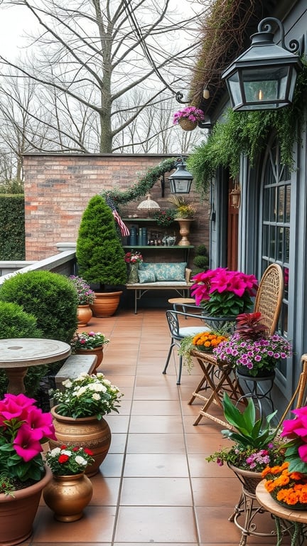 A beautifully decorated terrace garden with colorful flowers, cozy seating, and decorative lanterns.