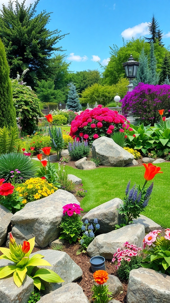 A colorful garden featuring large rocks, vibrant flowers, and lush greenery.