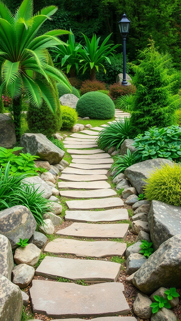 A pathway made of stepping stones surrounded by lush greenery and decorative plants in a rockery garden.