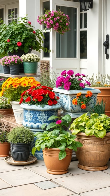 A collection of colorful potted plants on a patio, featuring various flowers and greenery in different types of containers.