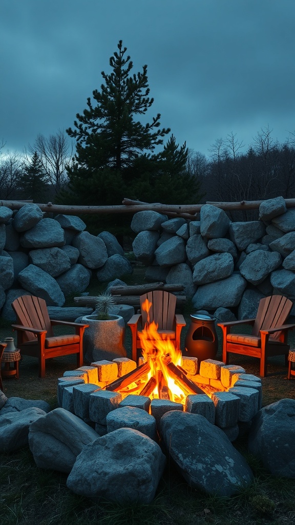 A rustic fire pit made of large rocks with wooden chairs around it, illuminated by flames.