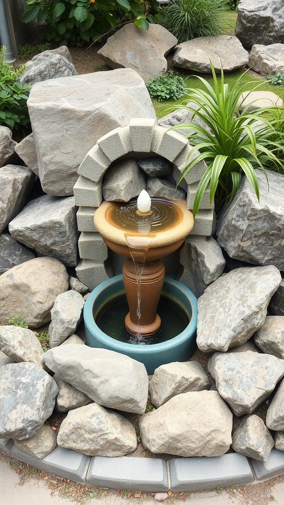 A natural stone water fountain surrounded by rocks and greenery.