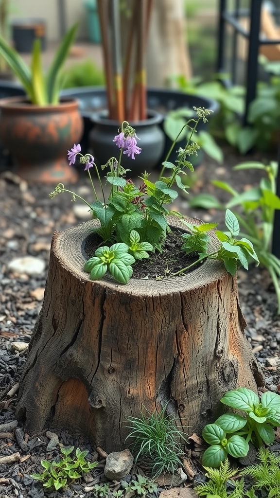A tree stump filled with various herbs and flowers in a garden setting.