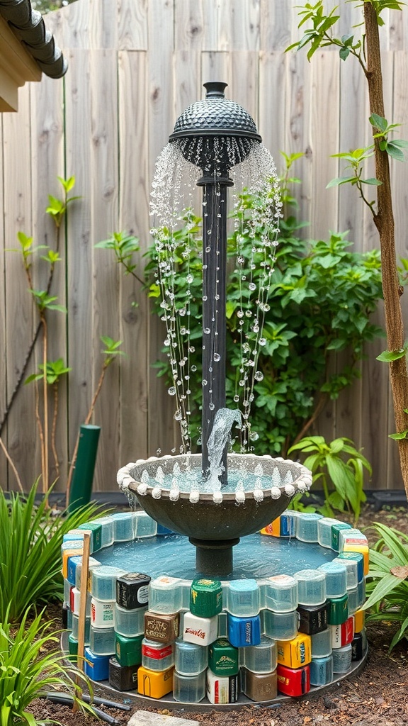 A solar water fountain made from recycled cans, featuring a cascading water design.