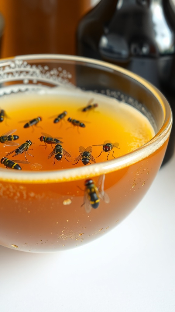 A bowl of beer with fruit flies floating on the surface, surrounded by bottles.