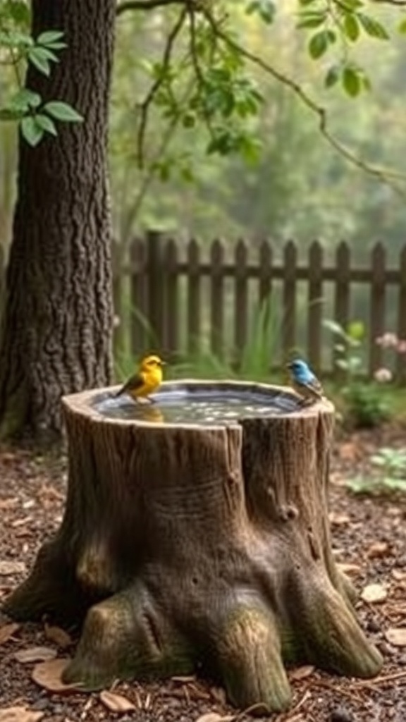 A tree stump bird bath with two colorful birds perched on the edge.
