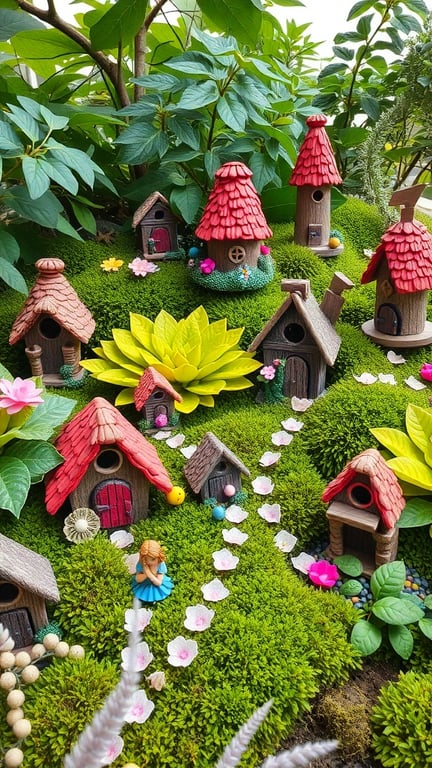 A collection of colorful fairy houses surrounded by greenery and flower paths.