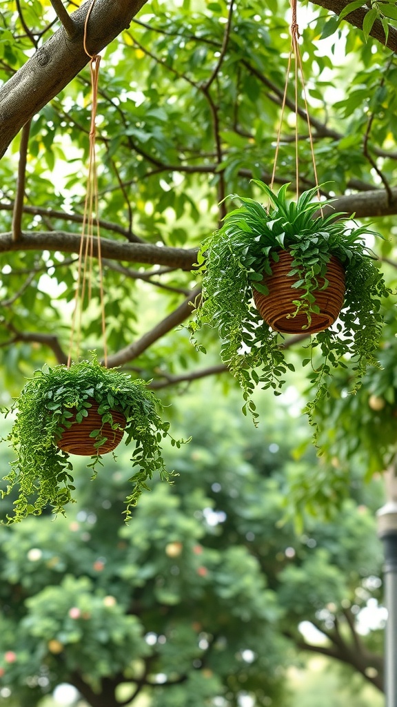 Two hanging planters with lush green plants suspended from a tree branch.