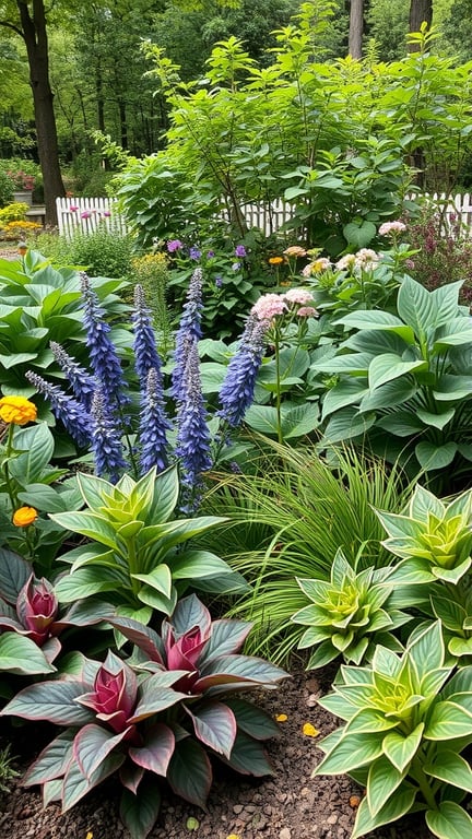 A lush shade garden featuring a variety of plants, including tall blue flowers and vibrant foliage.