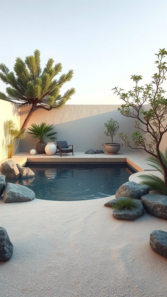 A serene Zen garden pool retreat featuring a small pool surrounded by sand, rocks, and plants.
