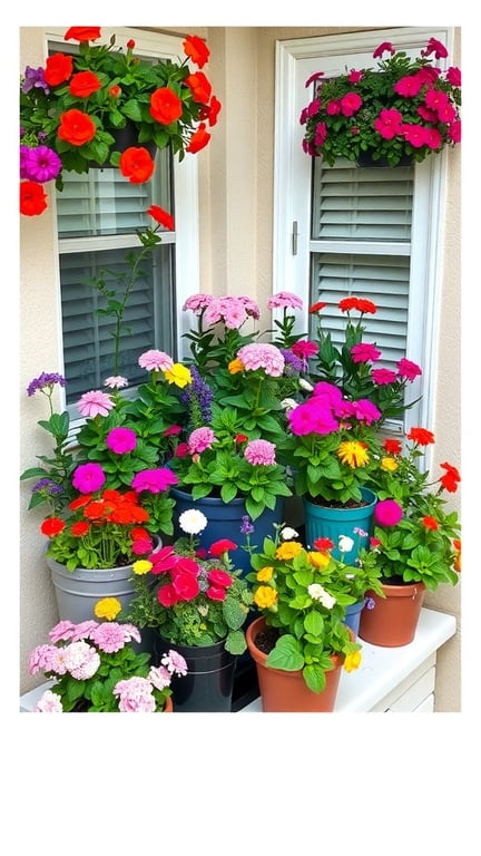 A vibrant display of colorful flowers in various pots, showcasing a beautiful container garden.
