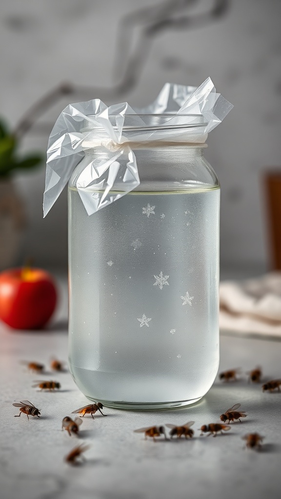A jar filled with sugar water, covered with plastic wrap, surrounded by fruit flies.