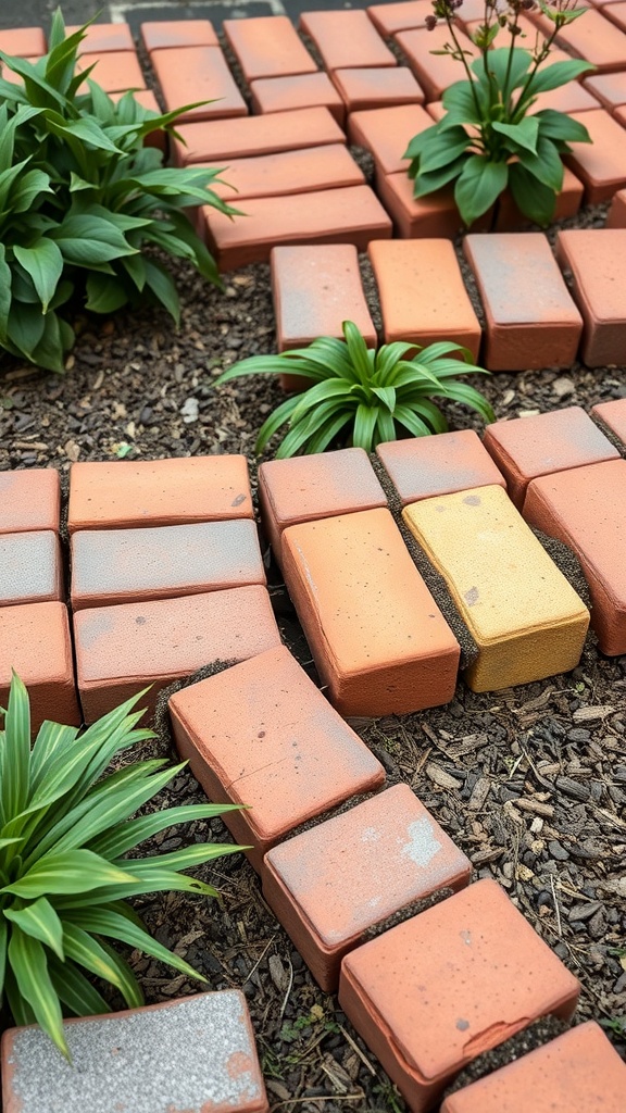 Color variations in brick garden edging with plants