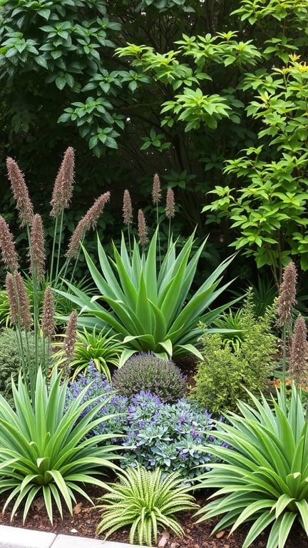 A layered shade garden featuring tall spiky plants, medium-sized foliage, and low-growing plants for visual interest.