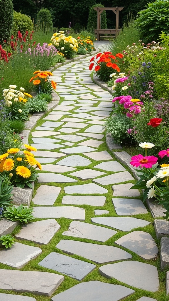 A garden walkway made of natural stone slabs surrounded by colorful flowers and greenery.