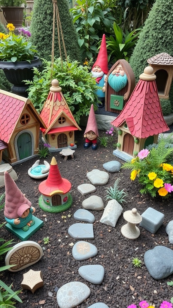 A whimsical garden scene featuring colorful gnome figurines, tiny houses, and a stone pathway surrounded by vibrant flowers.