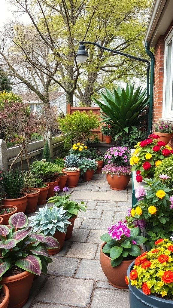 A small terrace garden filled with colorful potted plants and flowers.