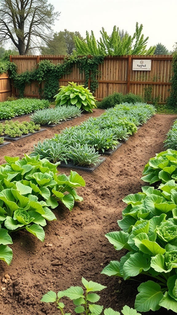 A well-organized vegetable garden layout with rows of leafy greens and a wooden fence in the background.