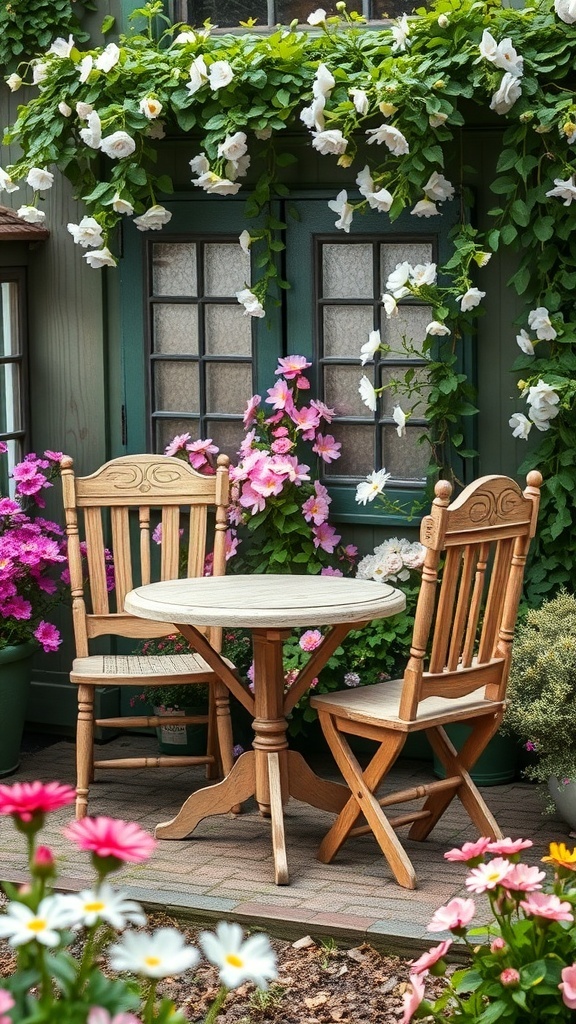 A cozy garden setting featuring vintage wooden furniture surrounded by colorful flowers.