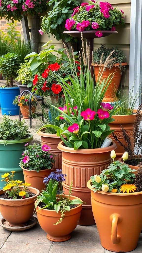 A colorful display of various plants in containers, showcasing a lively backyard garden.