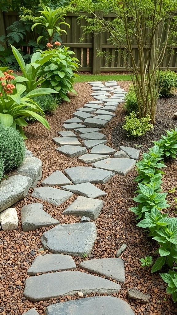 A winding stone pathway through a lush garden with plants on either side.