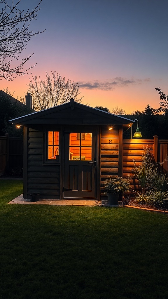 A garden shed illuminated at dusk with integrated lighting features, surrounded by greenery.