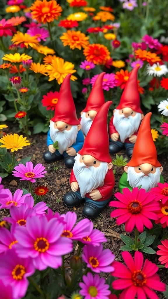 A group of colorful gnome figurines among vibrant flowers in a garden.