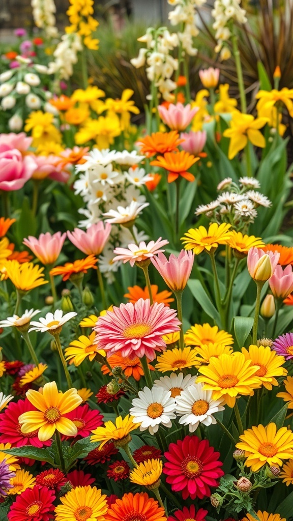 A vibrant display of seasonal flowers in various colors, including pink, yellow, and red, creating a lively garden scene.