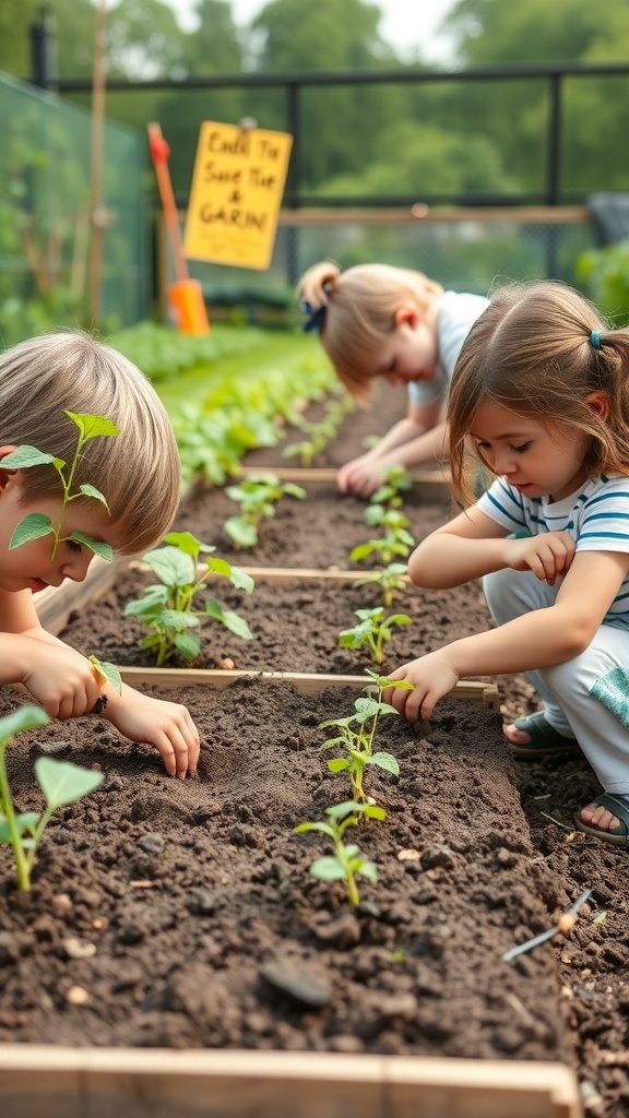 Children planting seeds in a garden, focused and engaged in gardening activities.