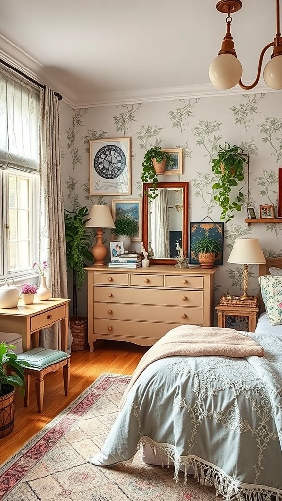 A cozy bedroom featuring vintage floral wallpaper, a wooden dresser, modern light fixtures, and plants.