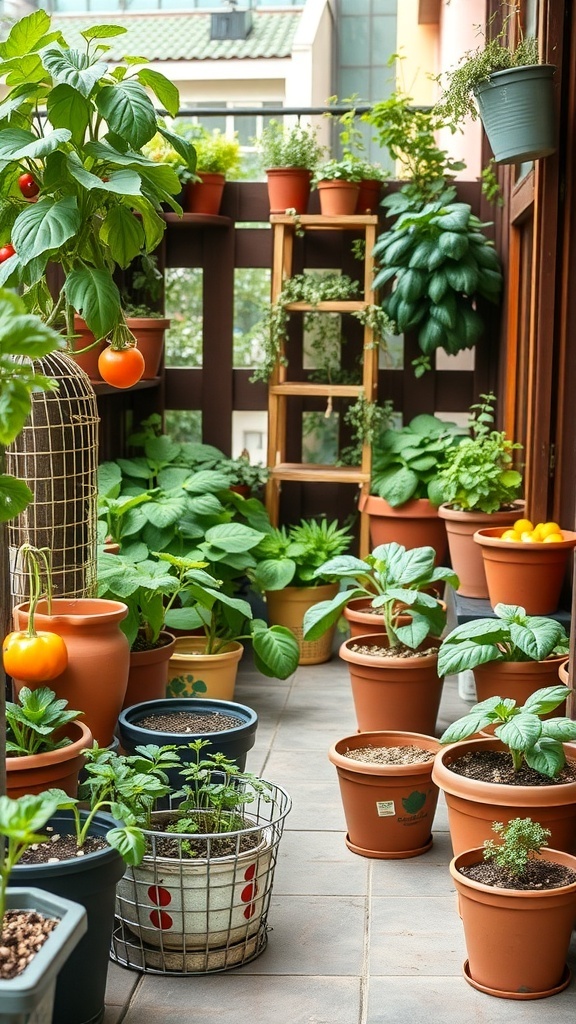 A small balcony garden filled with various potted plants including tomatoes, herbs, and leafy greens.