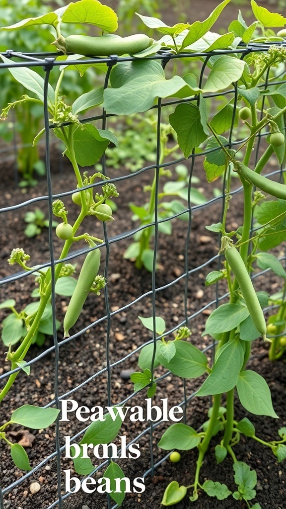 A wire trellis supporting climbing peas and beans in a garden.