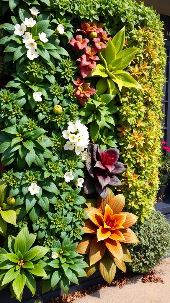 A vibrant vertical garden featuring a variety of plants in different colors and textures.