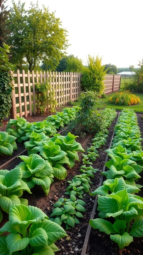 A homestead garden with rows of green plants and a wooden fence in the background.