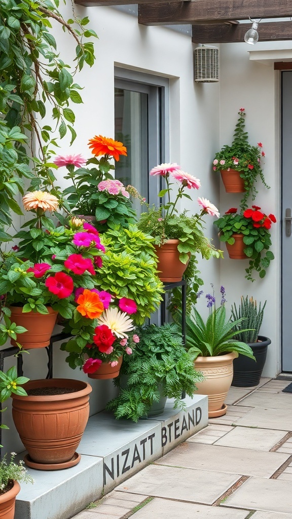 Colorful vertical planters with flowers on a small patio