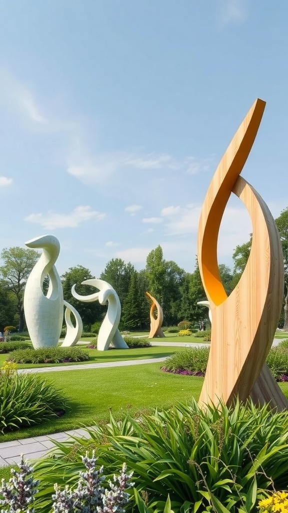 A collection of modern garden sculptures in various shapes and materials, surrounded by lush greenery.