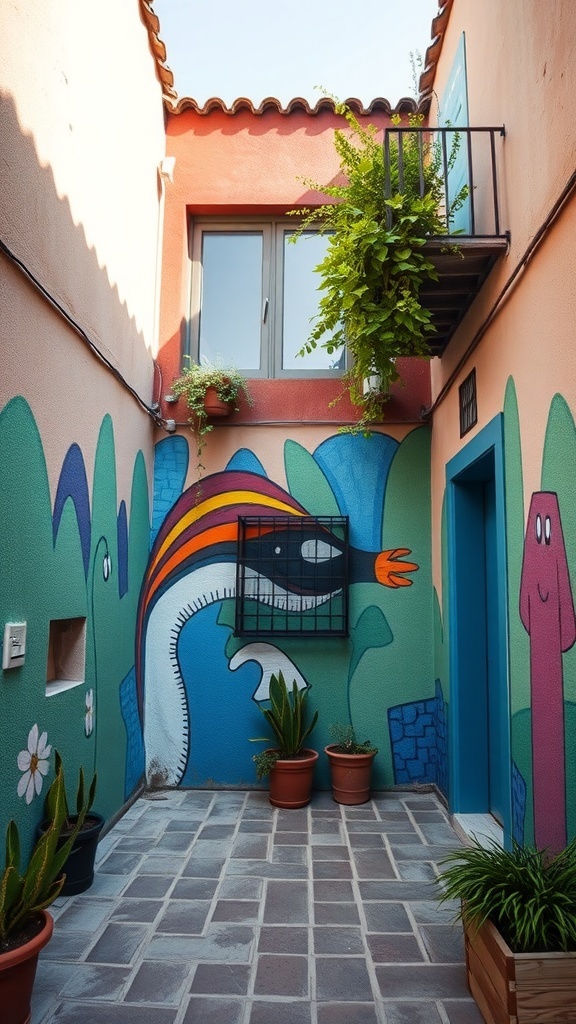 A small courtyard with colorful murals and potted plants.