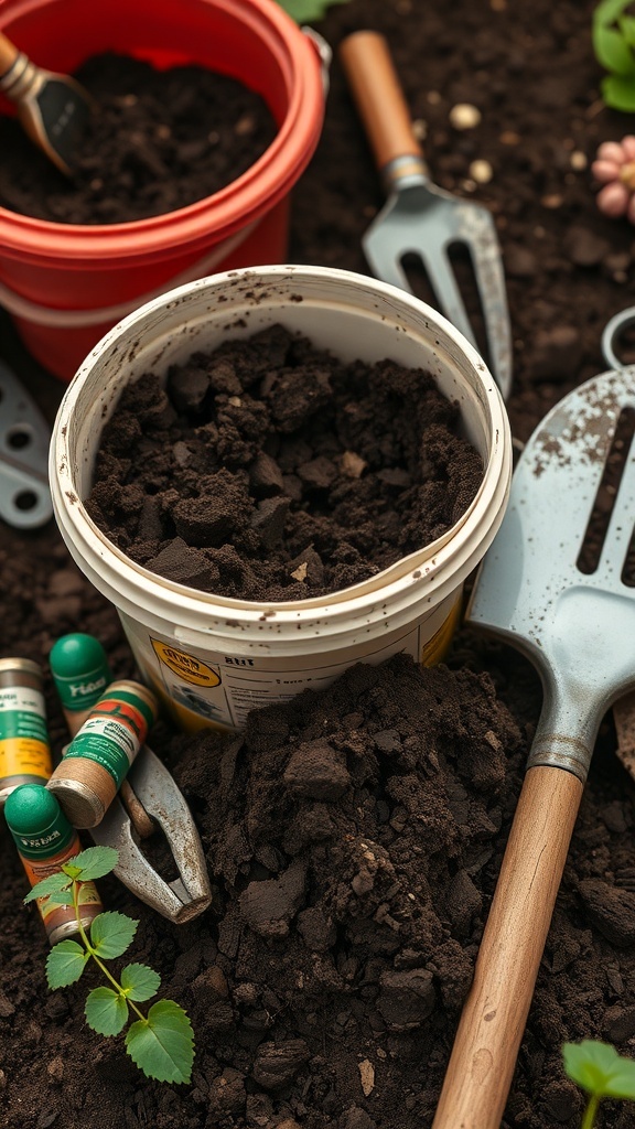 Image showing soil, gardening tools, and fertilizer for bucket gardening.