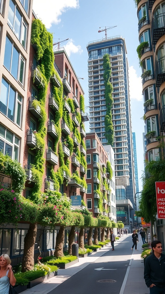 A vibrant urban street with buildings covered in green vertical gardens.