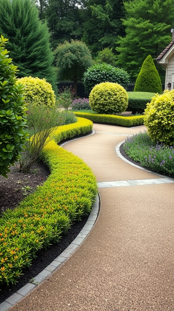 A beautifully landscaped garden walkway with curved paths, surrounded by vibrant green bushes and colorful flowers.